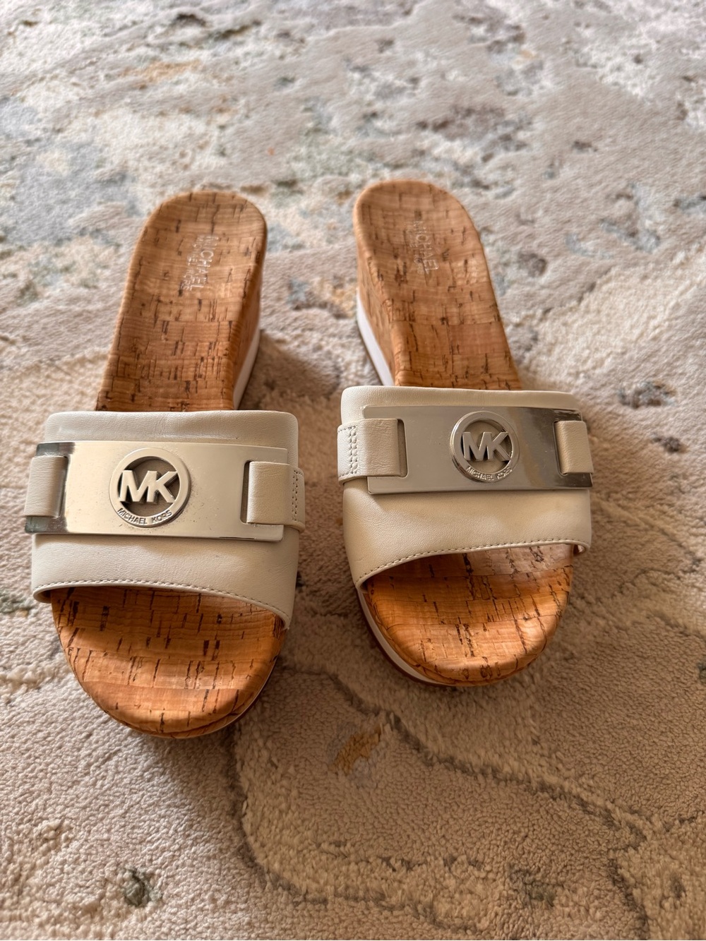 Michael Kors White MK Logo Cork Slide Sandals 6,5